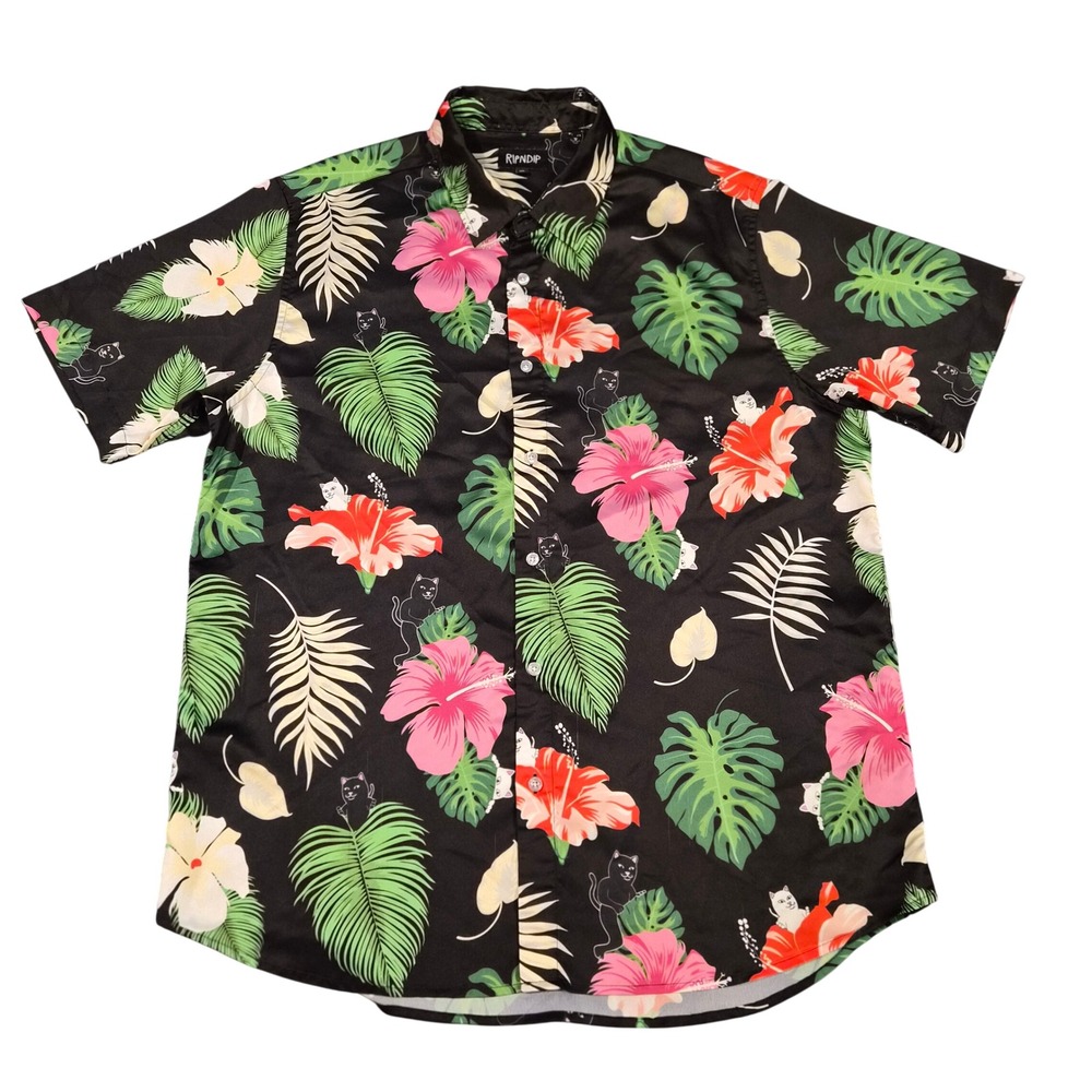 Ripndip Lord Nermal Tropical Hawaiian Shirt Mens XL Black Floral Button Down